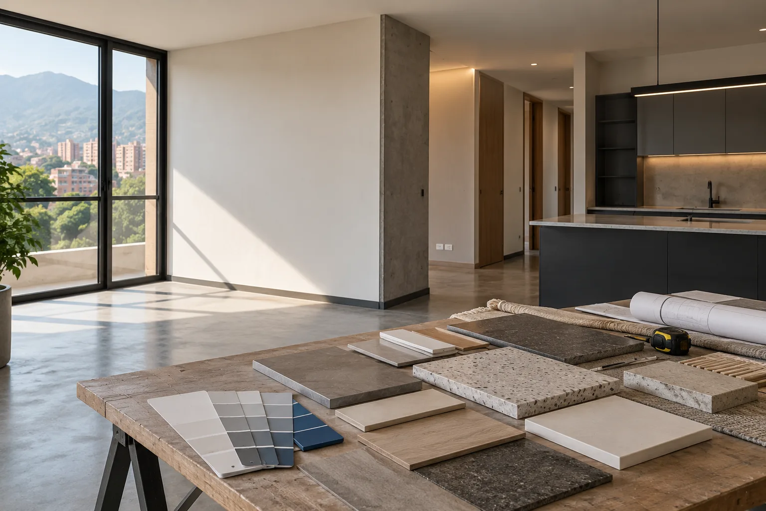 Concepto visual de acabados y obra blanca en Medellín con muestras de pisos, paredes y materiales sobre una mesa de trabajo