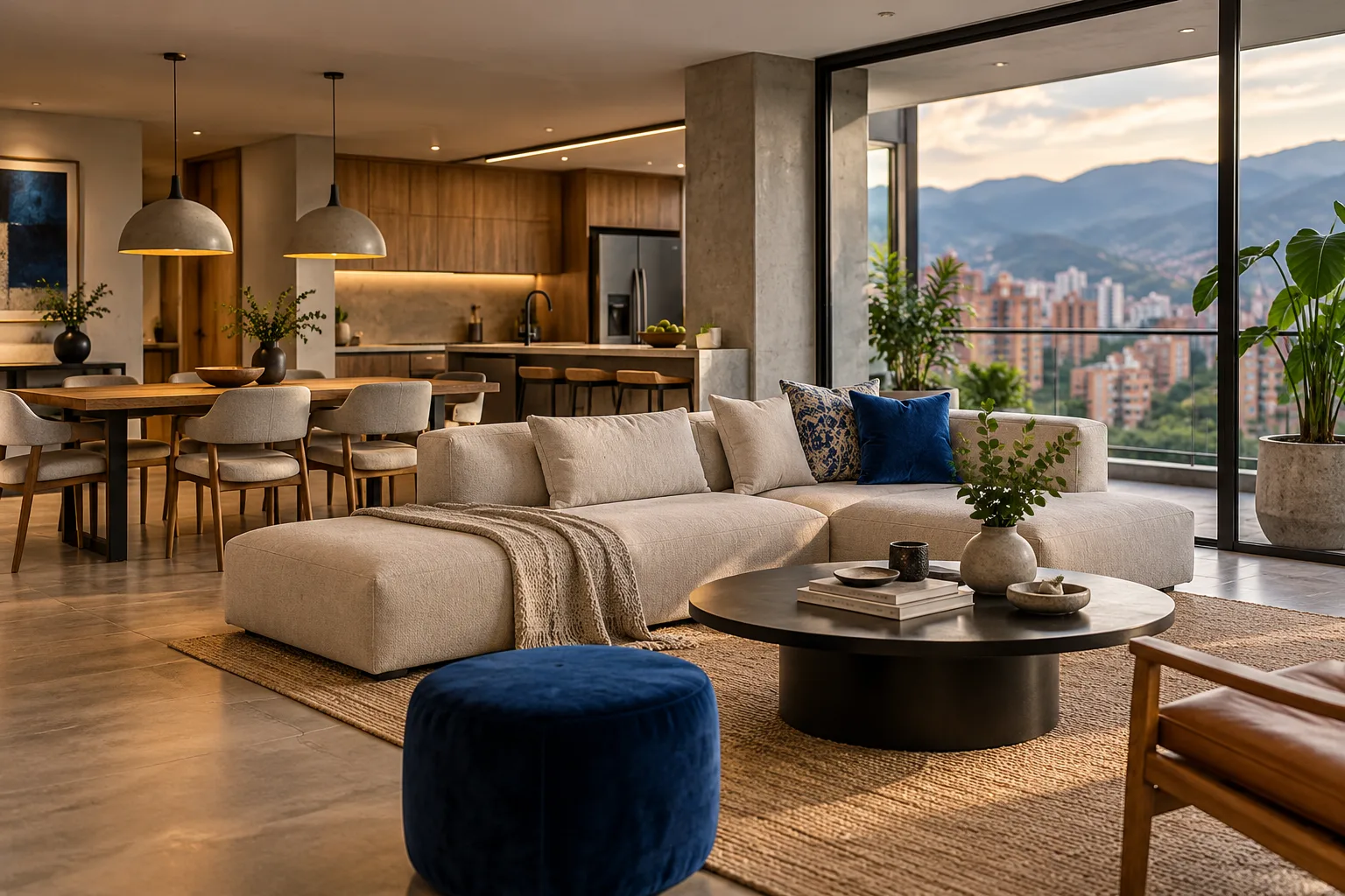 Apartamento urbano en Medellín con sala integrada, cocina abierta y vista a las montañas