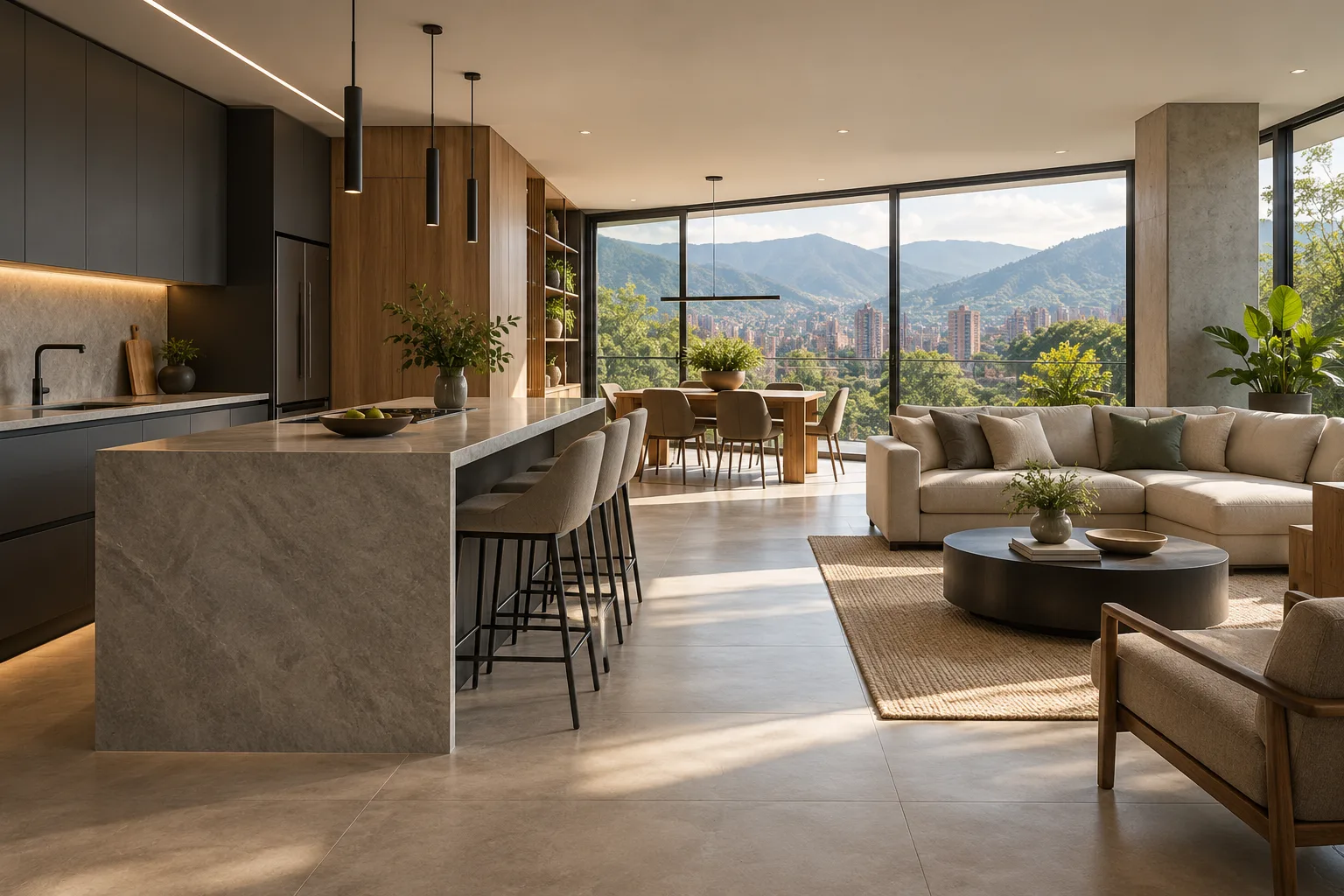 Remodelaciones en Envigado: espacios residenciales contemporáneos Interior residencial contemporáneo en Envigado con cocina abierta, sala integrada y luz natural