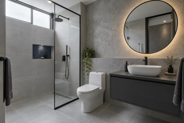 Baño con ducha de vidrio y grifería negra: inspiración para remodelación de baños en Medellín