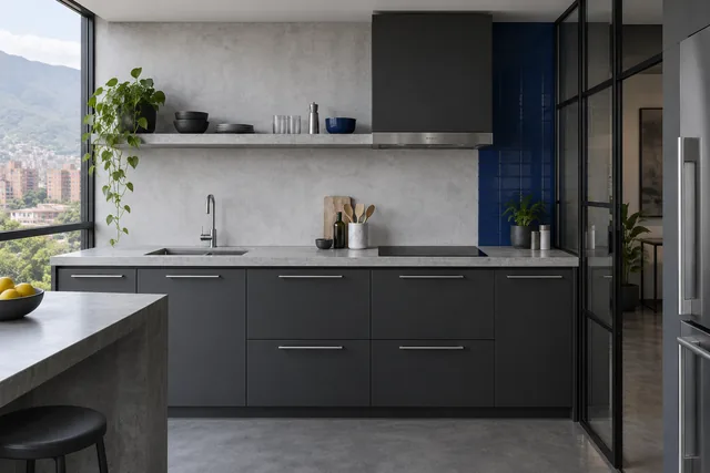 Cocina con muebles grafito y mesón gris: inspiración para remodelación de cocinas en Medellín