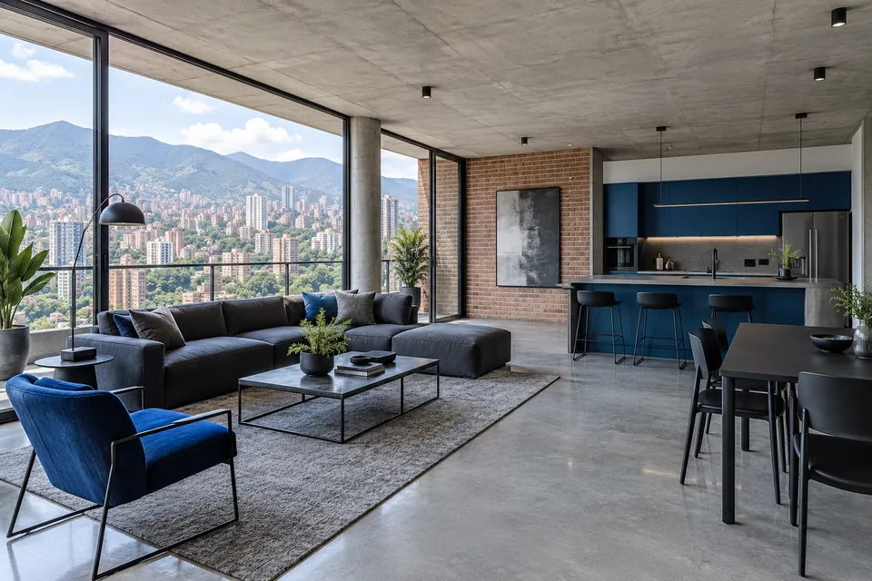 Inspiración para remodelaciones en Medellín: apartamento urbano con hormigón y detalles azules